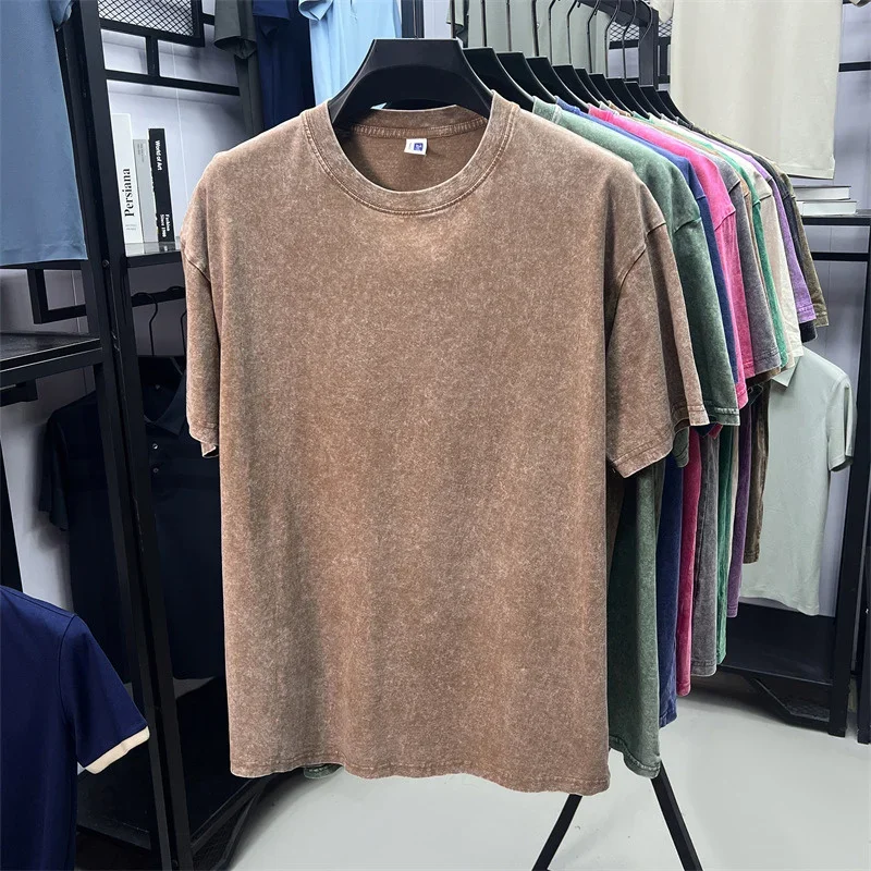 Summer Men's Washed 230G Heavy Cotton T-Shirts Vintage Faded Color Oversized Unisex Basic Tee Short Sleeve Loose Workout Tops
