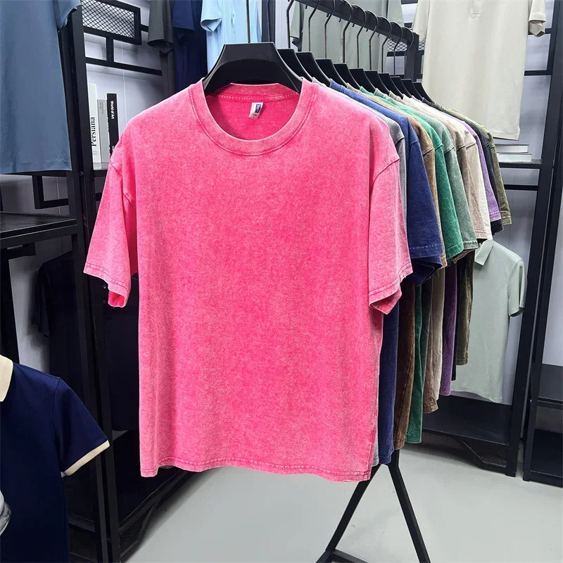 Summer Men's Washed 230G Heavy Cotton T-Shirts Vintage Faded Color Oversized Unisex Basic Tee Short Sleeve Loose Workout Tops