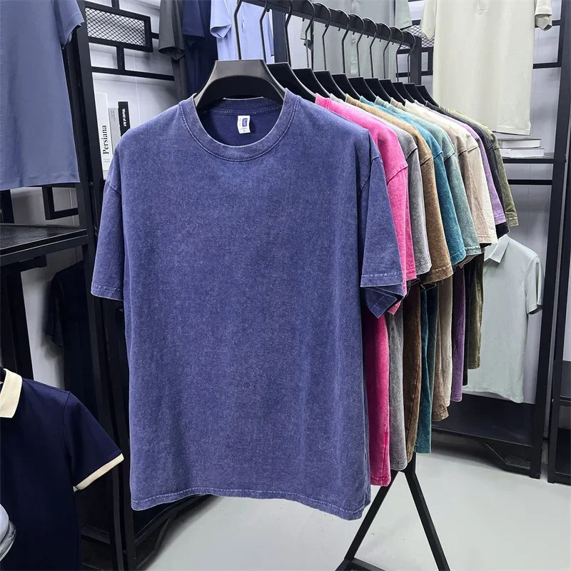 Summer Men's Washed 230G Heavy Cotton T-Shirts Vintage Faded Color Oversized Unisex Basic Tee Short Sleeve Loose Workout Tops