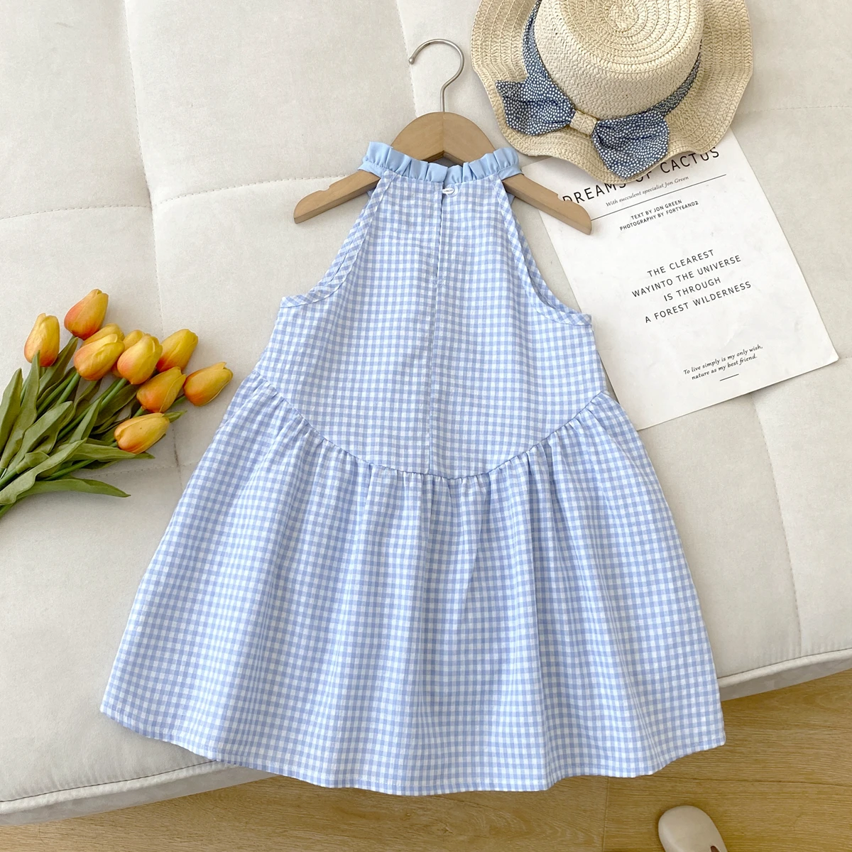 Kids Dresses for Girls Summer Casual Checkered Bow Halter Neck Dress Children's Clothes Girl Clothes