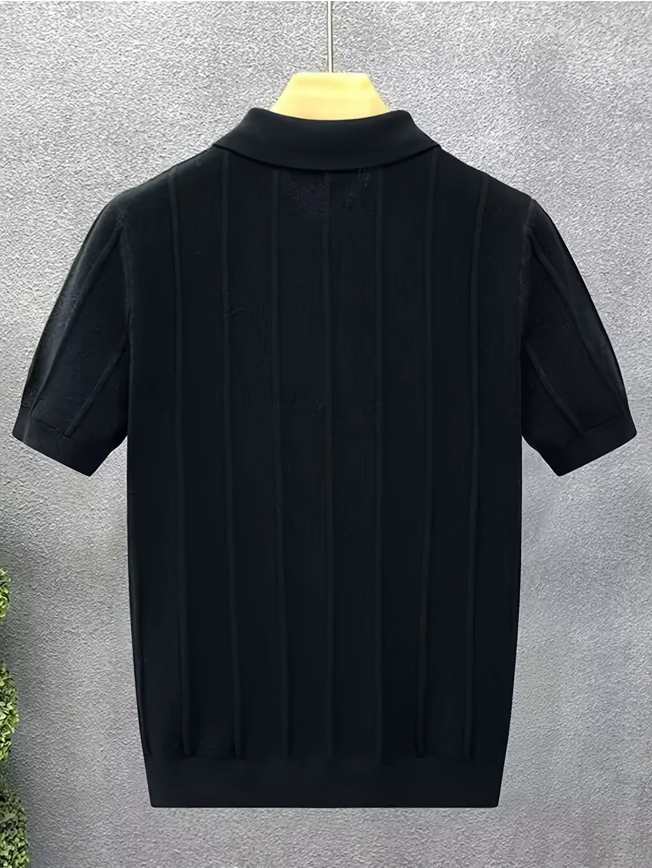 High-End Luxury Vertical Stripe Texture Short-Sleeved Polo Shirt Knitted Top for Men - Summer New Style Solid-Colored Collar Woo