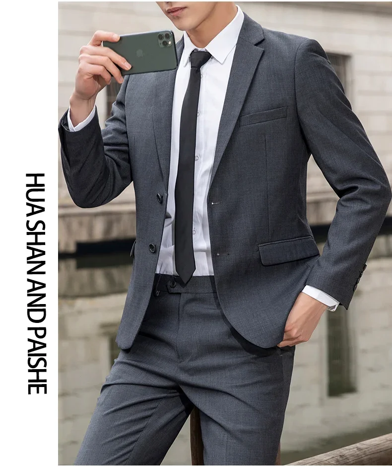 Suit Men's Casual Formal Business Gentleman Solid Color (Blazer+Trousers) Hosting Four Seasons Slimming Wedding Fashion Suit