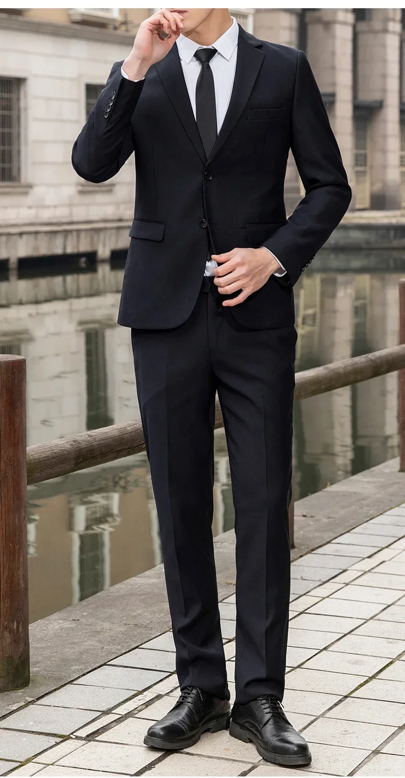 Suit Men's Casual Formal Business Gentleman Solid Color (Blazer+Trousers) Hosting Four Seasons Slimming Wedding Fashion Suit