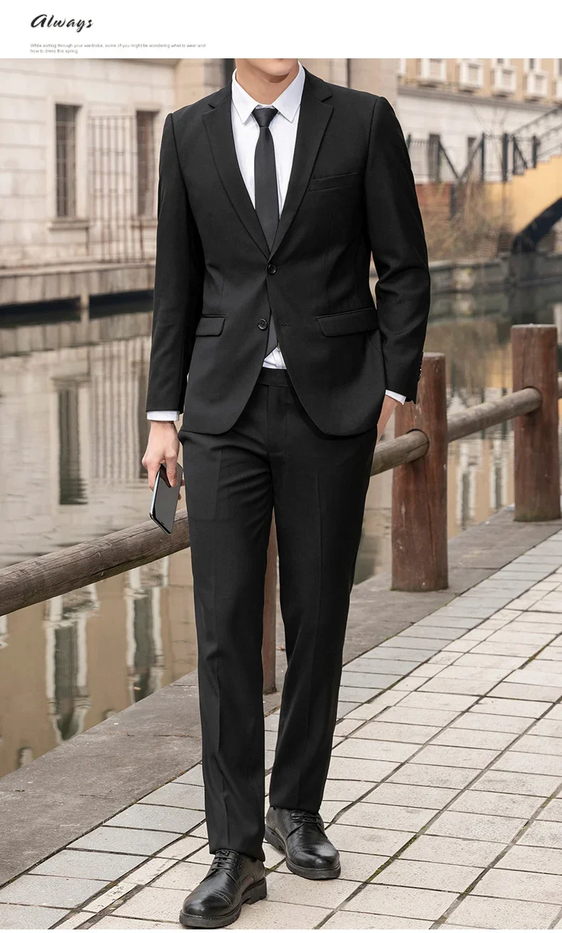 Suit Men's Casual Formal Business Gentleman Solid Color (Blazer+Trousers) Hosting Four Seasons Slimming Wedding Fashion Suit
