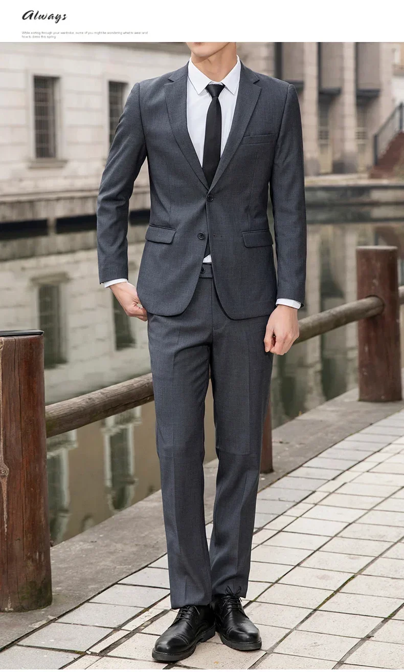 Suit Men's Casual Formal Business Gentleman Solid Color (Blazer+Trousers) Hosting Four Seasons Slimming Wedding Fashion Suit