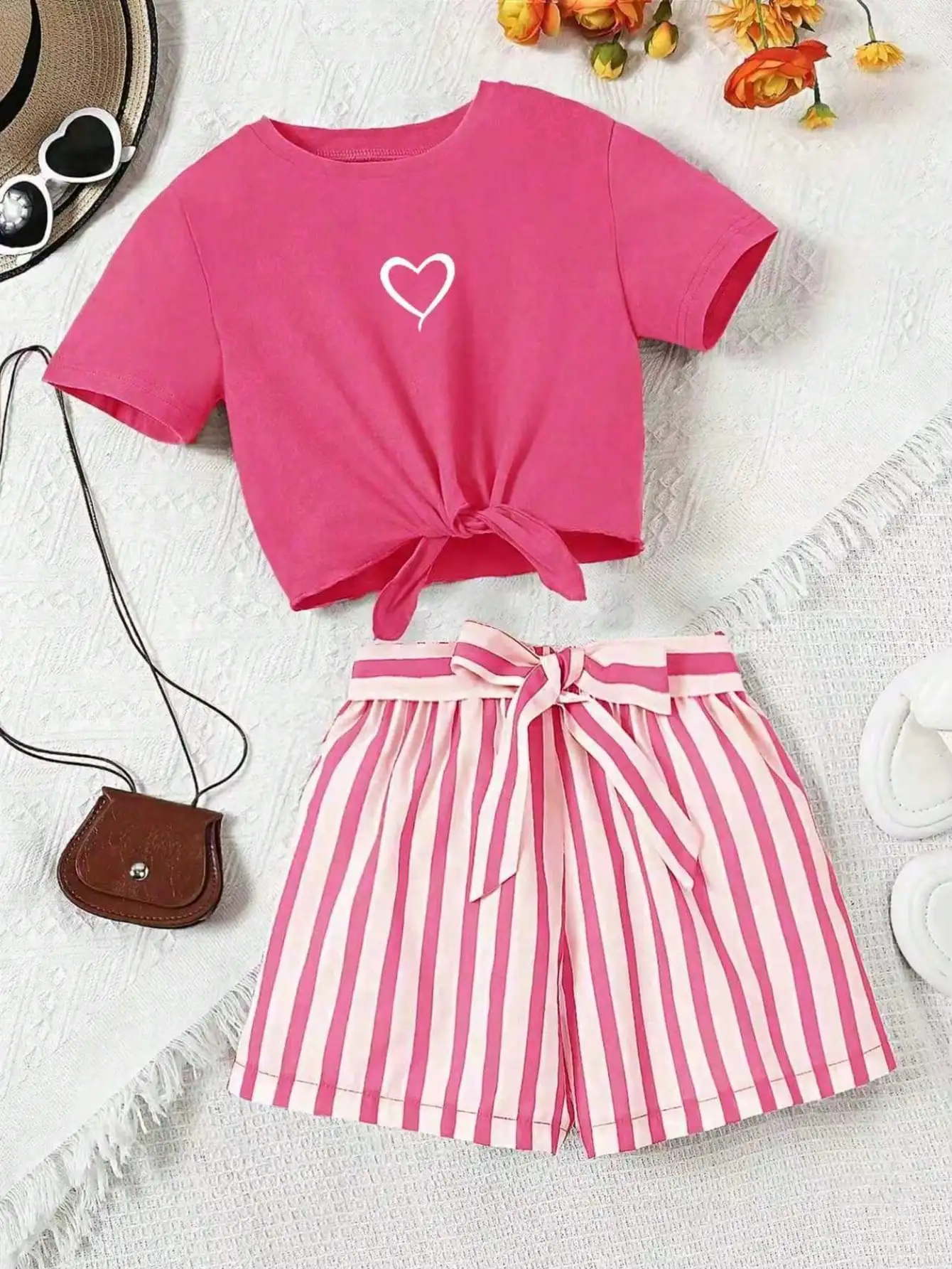 Printed girls' summer set, short sleeved T-shirt paired with casual shorts, stylish design, suitable for outdoor activities.