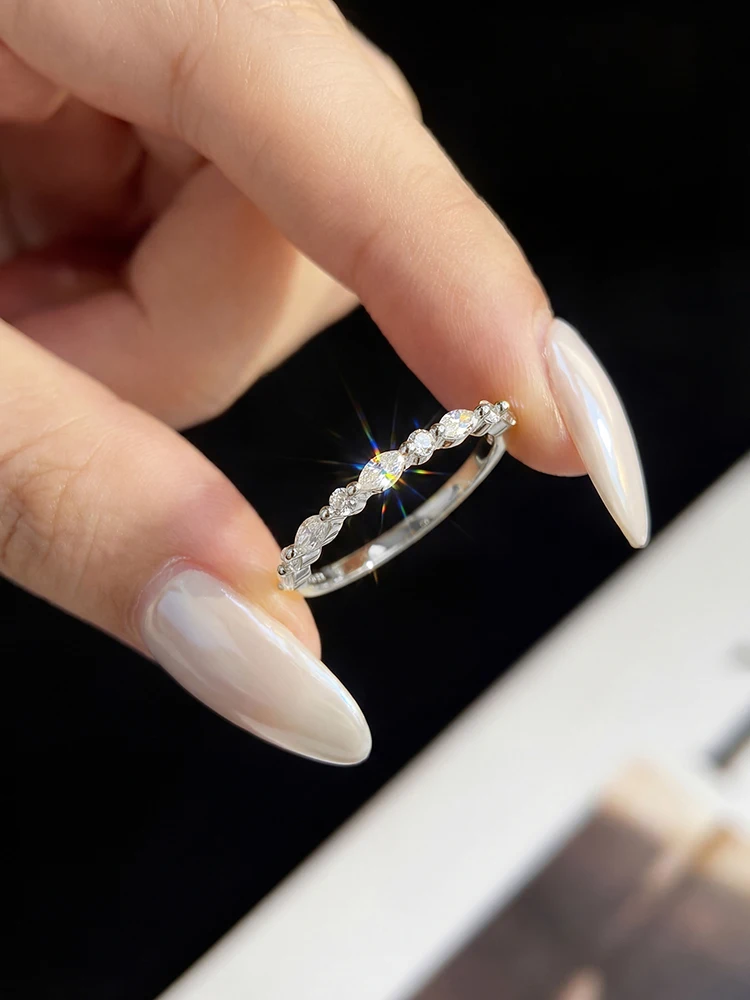 925 Sterling Silver Elegant Real Moissanite Diamond Marquise Round Ring For Women Daily Party Fashion High Quality Jewelry