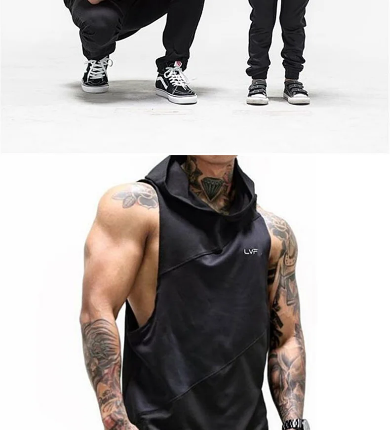 Men's Hooded Stringer Tank Top Gym Bodybuilding Fitness Sleeveless Cotton Muscle Shirt Workout Vest Breathable Male Undershirt