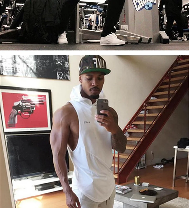 Men's Hooded Stringer Tank Top Gym Bodybuilding Fitness Sleeveless Cotton Muscle Shirt Workout Vest Breathable Male Undershirt