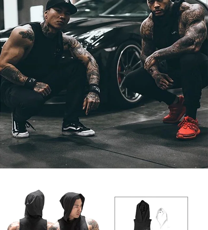 Men's Hooded Stringer Tank Top Gym Bodybuilding Fitness Sleeveless Cotton Muscle Shirt Workout Vest Breathable Male Undershirt