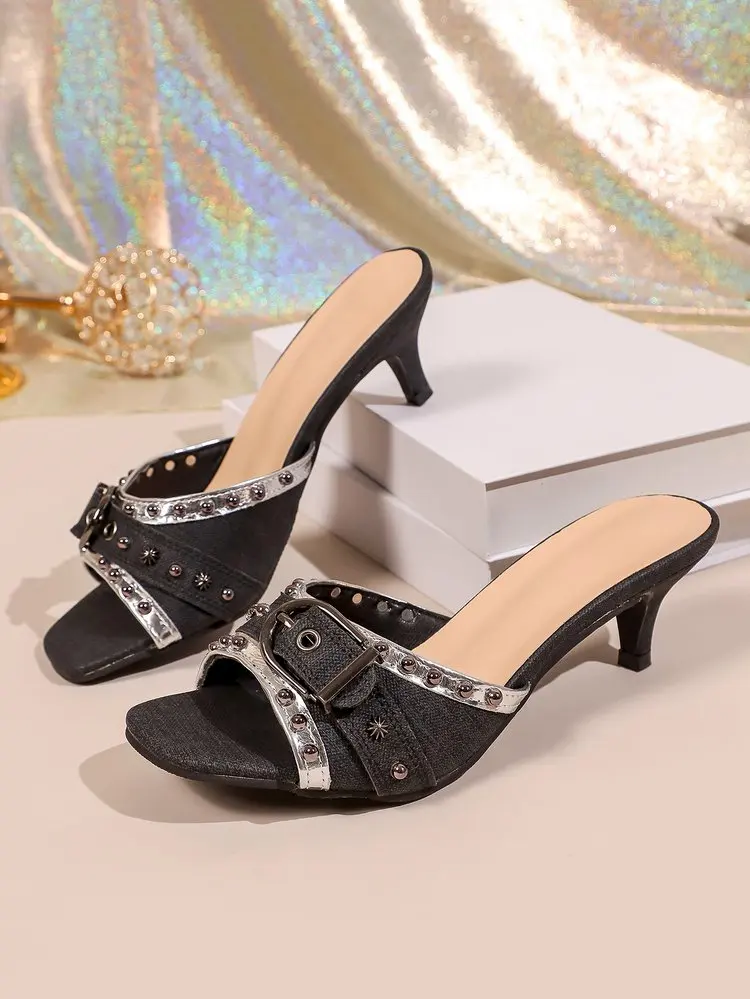 2026 Women High Heels Sandals New Dress Party Shoes Leopard Buckle Strange Style Slippers Square Toe Slip on Sexy Shoes Women