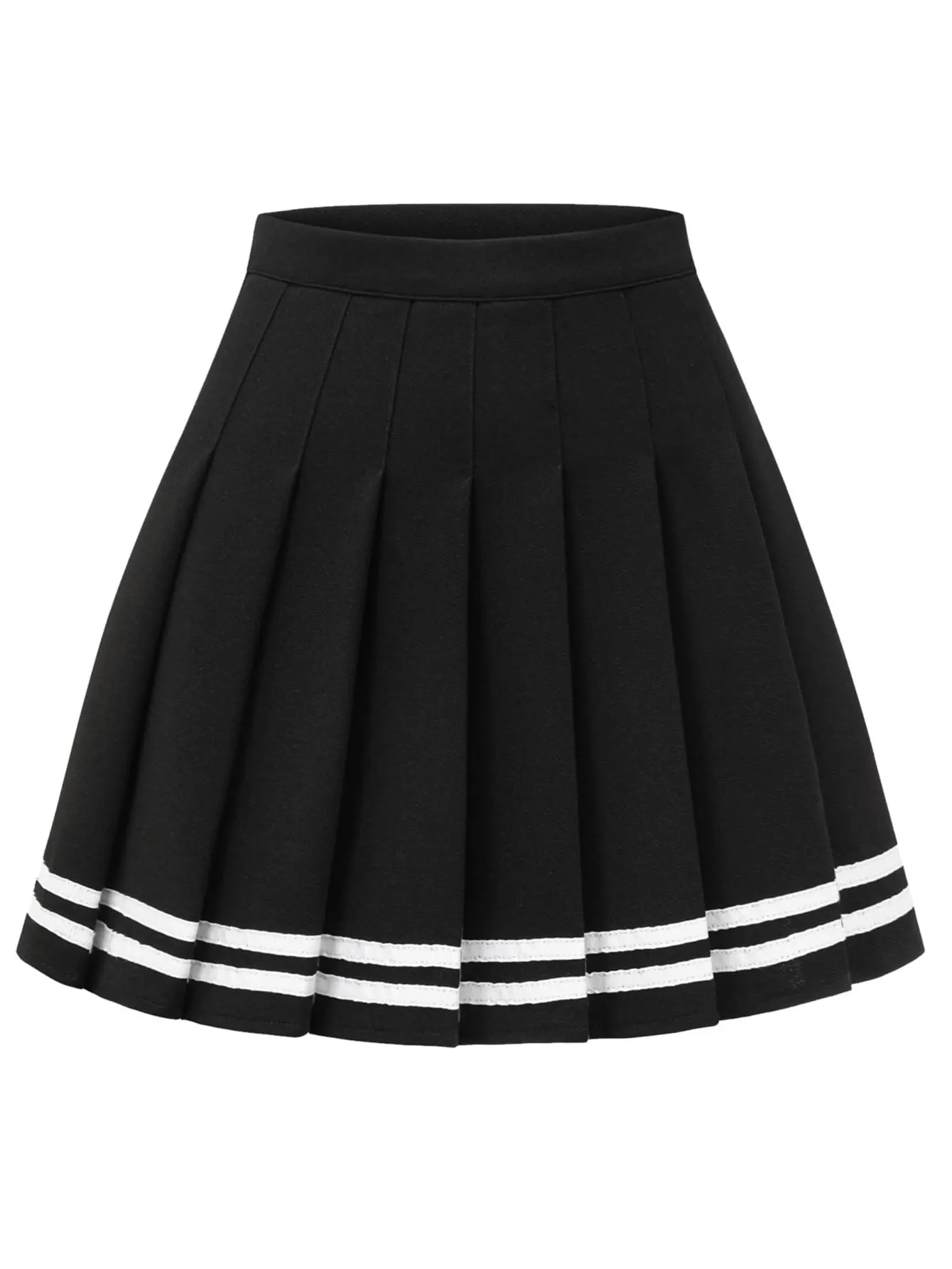 Women's High Waist Pleated Mini Skirt with Striped Hem, Casual A-line Short Skirt for Daily Wear and Cheerleading