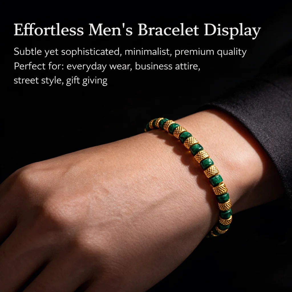 Natural Malachite Bead Bracelet for Men, 18K Gold Plated 304 Stainless Steel Mesh Beads, Handmade Elastic Stretch Bracelet