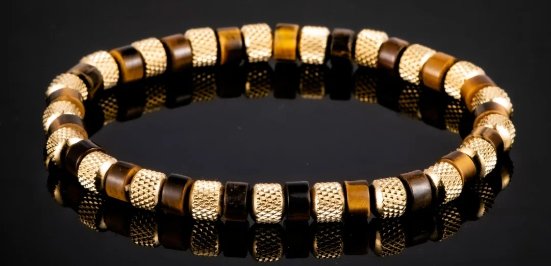Natural Malachite Bead Bracelet for Men, 18K Gold Plated 304 Stainless Steel Mesh Beads, Handmade Elastic Stretch Bracelet