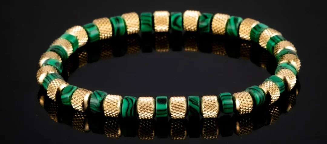 Natural Malachite Bead Bracelet for Men, 18K Gold Plated 304 Stainless Steel Mesh Beads, Handmade Elastic Stretch Bracelet