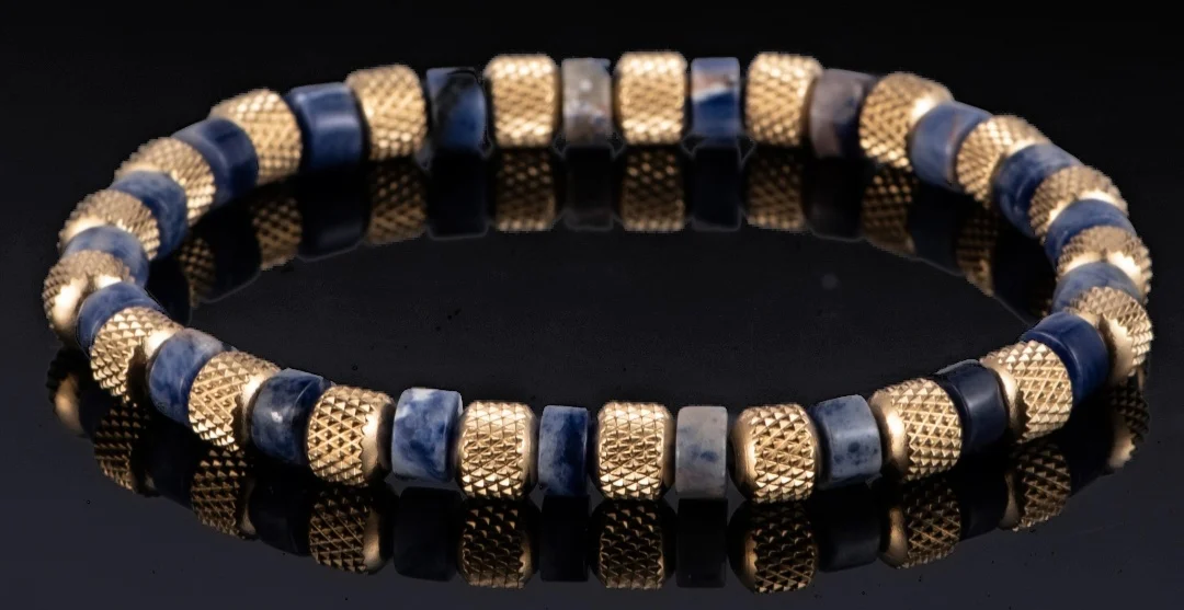 Natural Malachite Bead Bracelet for Men, 18K Gold Plated 304 Stainless Steel Mesh Beads, Handmade Elastic Stretch Bracelet