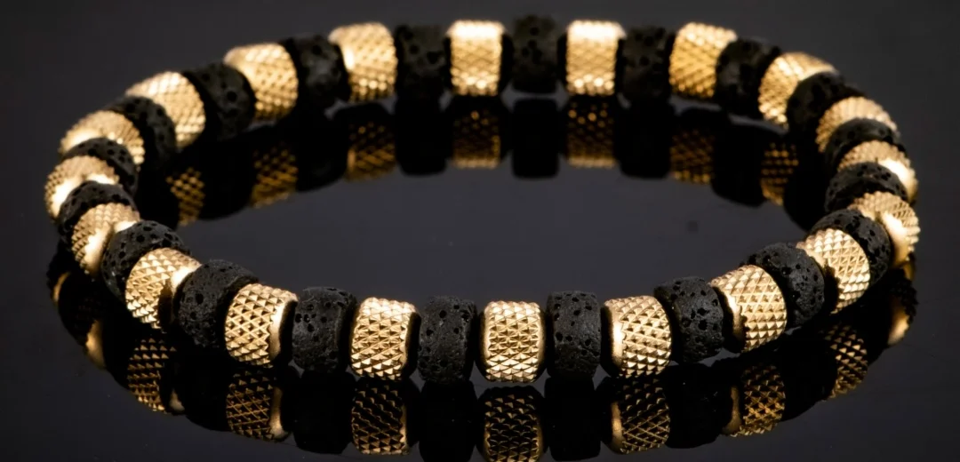 Natural Malachite Bead Bracelet for Men, 18K Gold Plated 304 Stainless Steel Mesh Beads, Handmade Elastic Stretch Bracelet