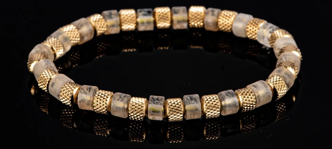 Natural Malachite Bead Bracelet for Men, 18K Gold Plated 304 Stainless Steel Mesh Beads, Handmade Elastic Stretch Bracelet
