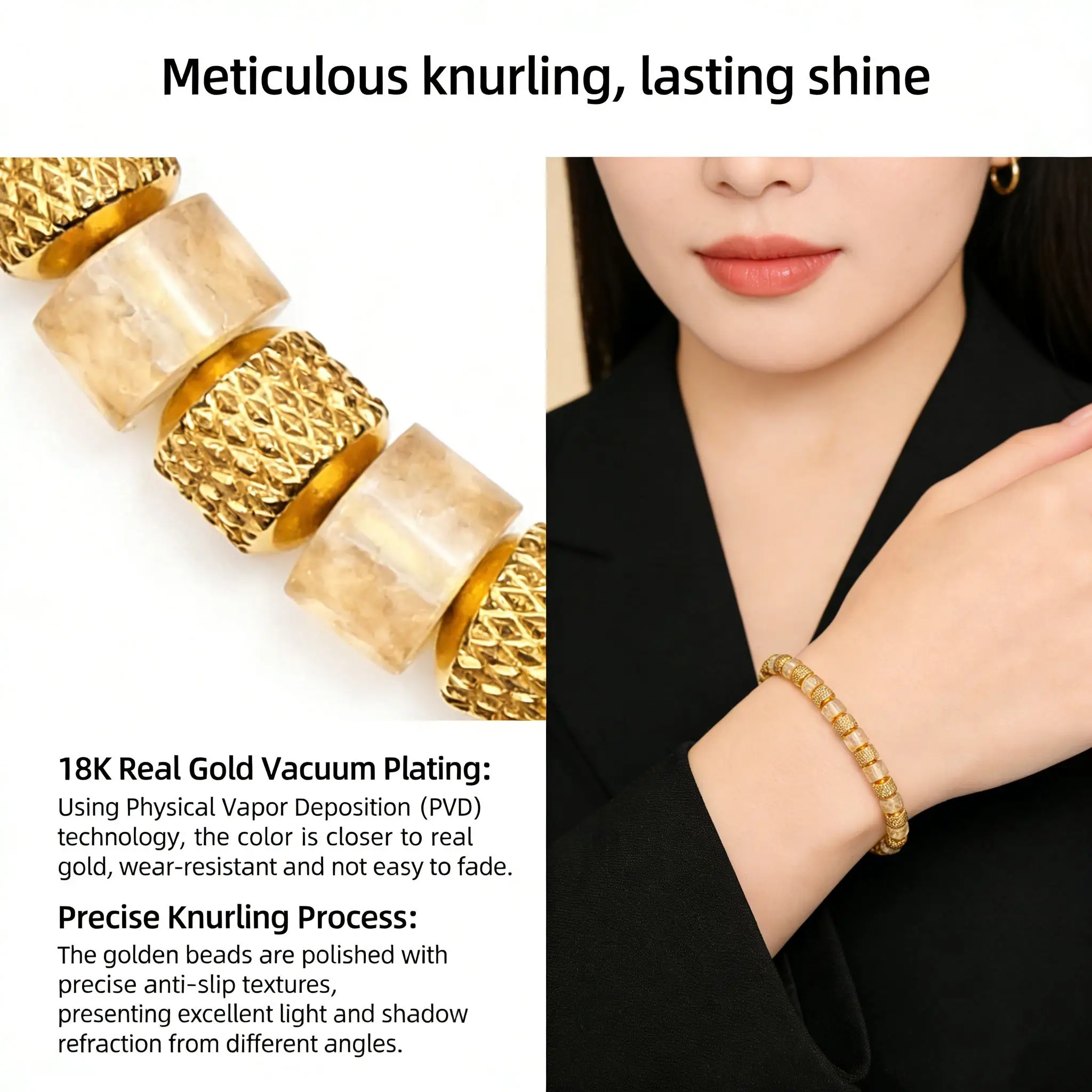 Natural Malachite Bead Bracelet for Men, 18K Gold Plated 304 Stainless Steel Mesh Beads, Handmade Elastic Stretch Bracelet