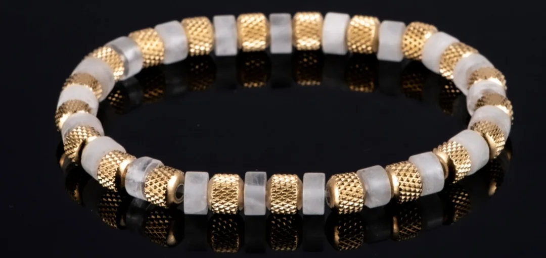 Natural Malachite Bead Bracelet for Men, 18K Gold Plated 304 Stainless Steel Mesh Beads, Handmade Elastic Stretch Bracelet