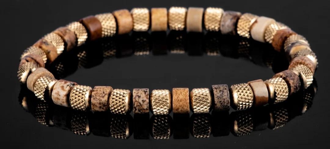 Natural Malachite Bead Bracelet for Men, 18K Gold Plated 304 Stainless Steel Mesh Beads, Handmade Elastic Stretch Bracelet