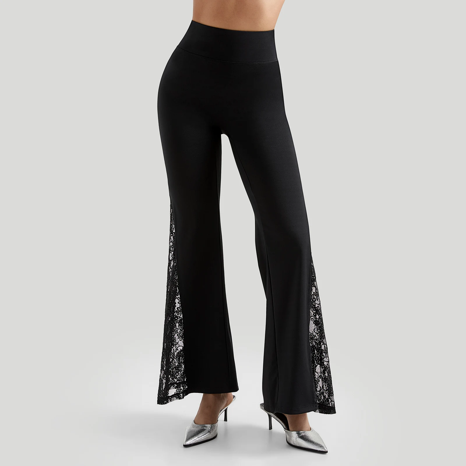 Women Punk Sexy See Through Lace Patchwork Flare Pants Streetwear High Waist Wid Leg Vintage Trousers Y2k Pants Female