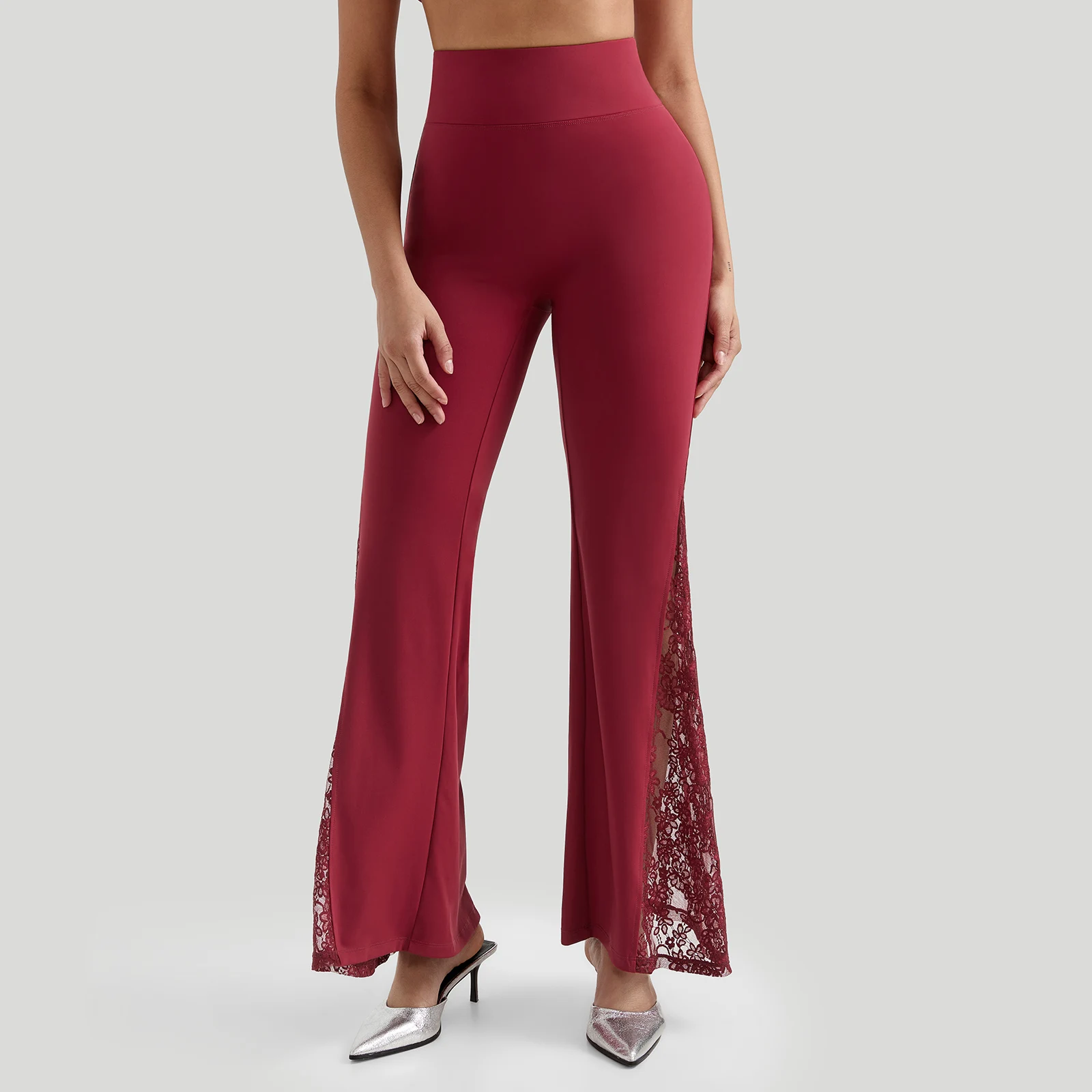 Women Punk Sexy See Through Lace Patchwork Flare Pants Streetwear High Waist Wid Leg Vintage Trousers Y2k Pants Female