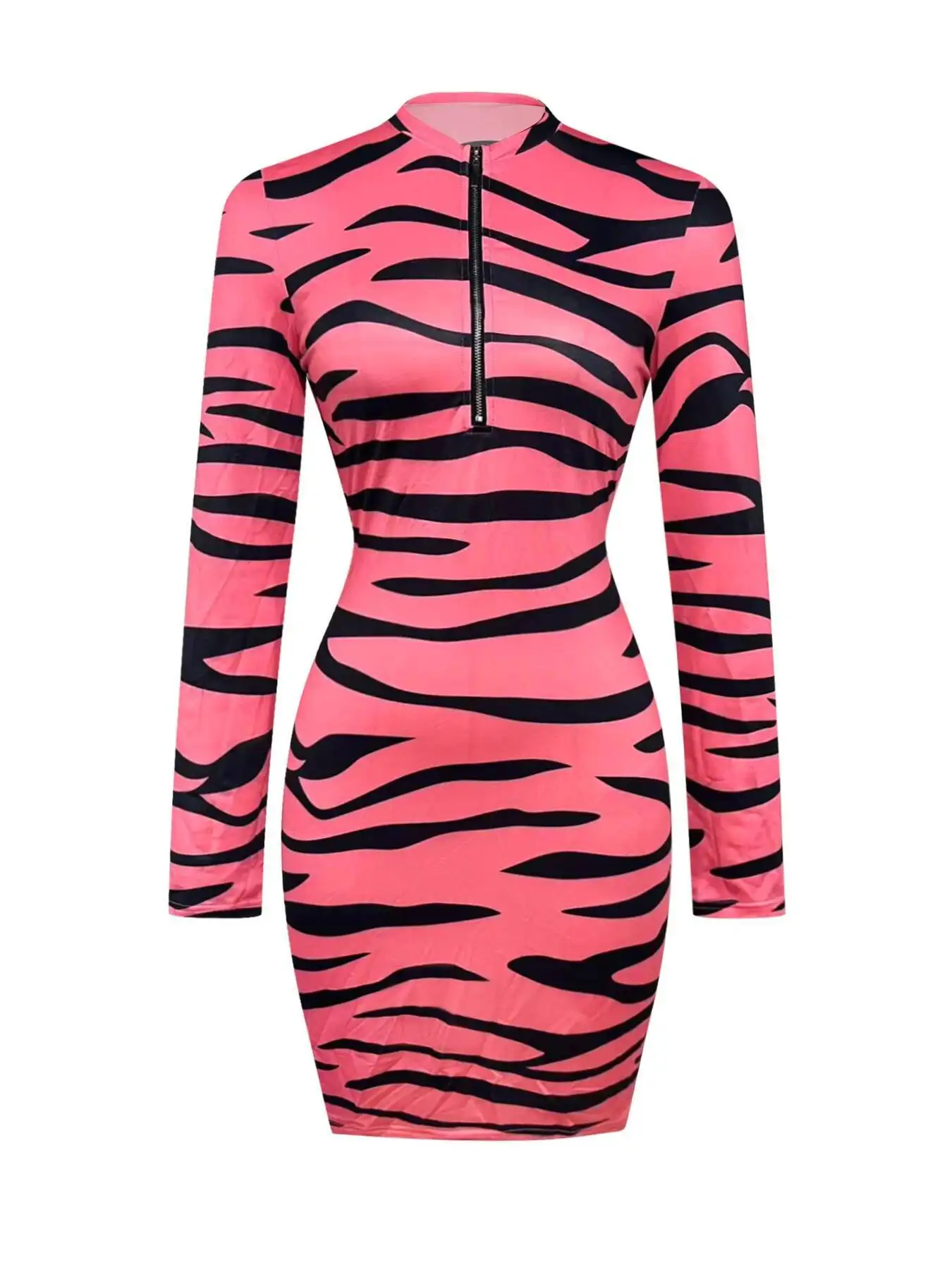 Women Mock Neck Long Sleeve HalfZip Tiger Print Stretch Bodycon Midi Dress Sexy Glam Club Party Summer Bold NightOut Slim Dress