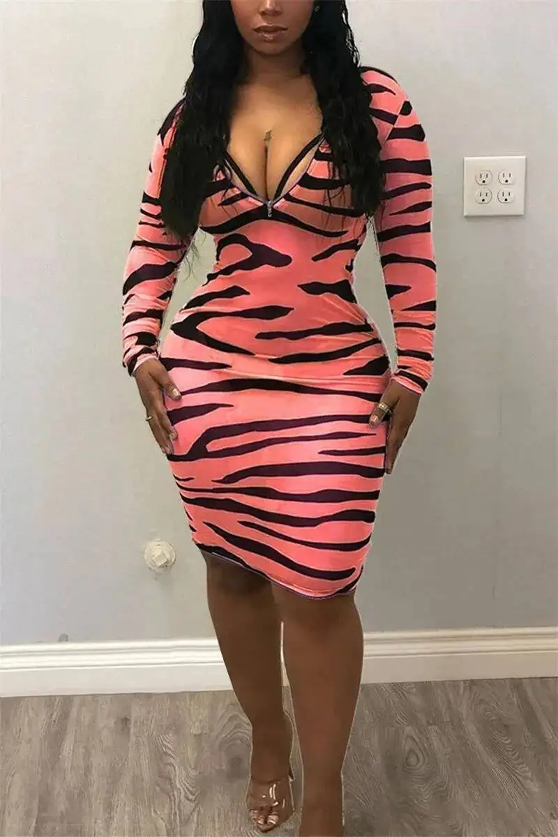 Women Mock Neck Long Sleeve HalfZip Tiger Print Stretch Bodycon Midi Dress Sexy Glam Club Party Summer Bold NightOut Slim Dress