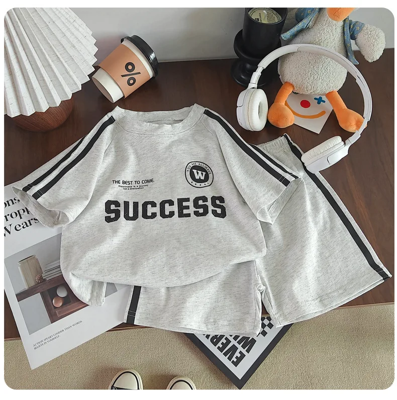 2026 New Summer Sporty Style Children Sets Letter Pattern Tee+Striped Shorts 2Pcs Clothes Short Sleeve Cotton Boys Girls Suit