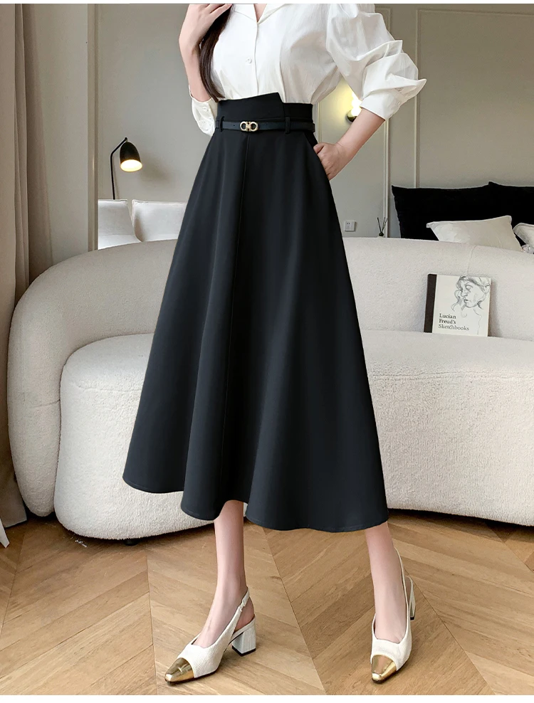 Spring Summer Woman A-Line Midi Skirt With Belt High Waist Office OL Loose Big Swing Long Skirts Lady