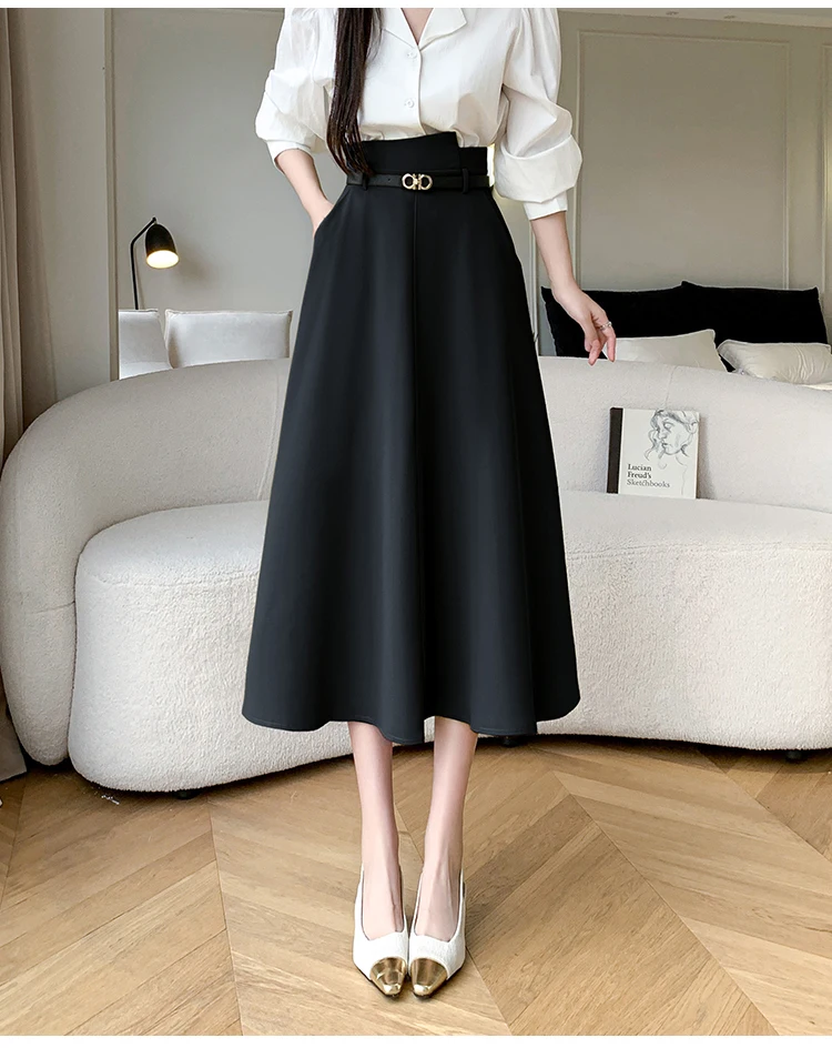 Spring Summer Woman A-Line Midi Skirt With Belt High Waist Office OL Loose Big Swing Long Skirts Lady