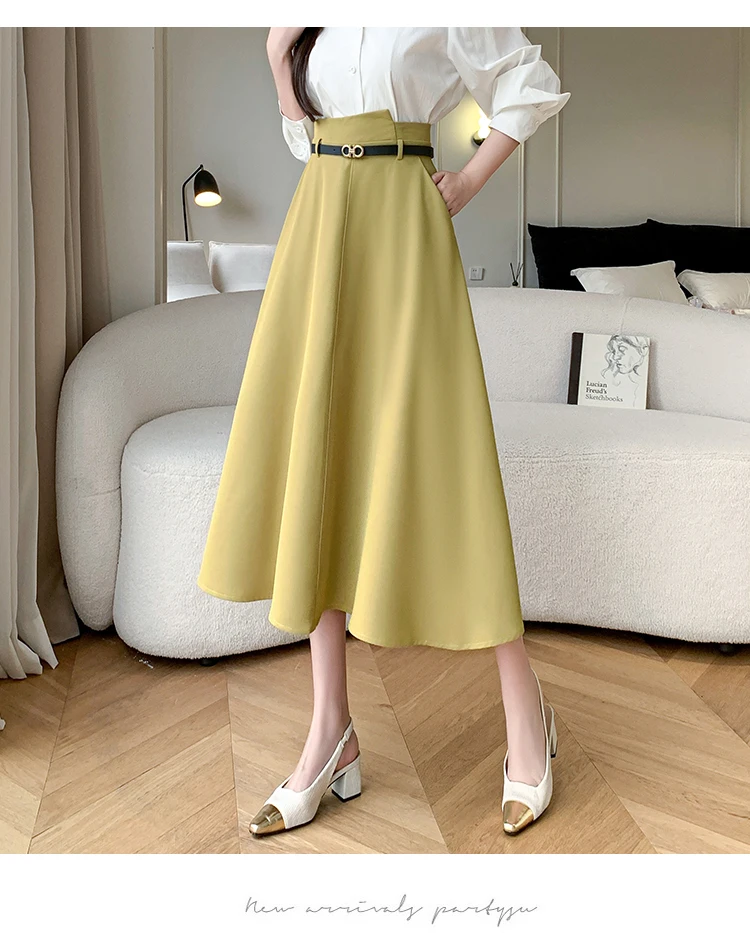 Spring Summer Woman A-Line Midi Skirt With Belt High Waist Office OL Loose Big Swing Long Skirts Lady