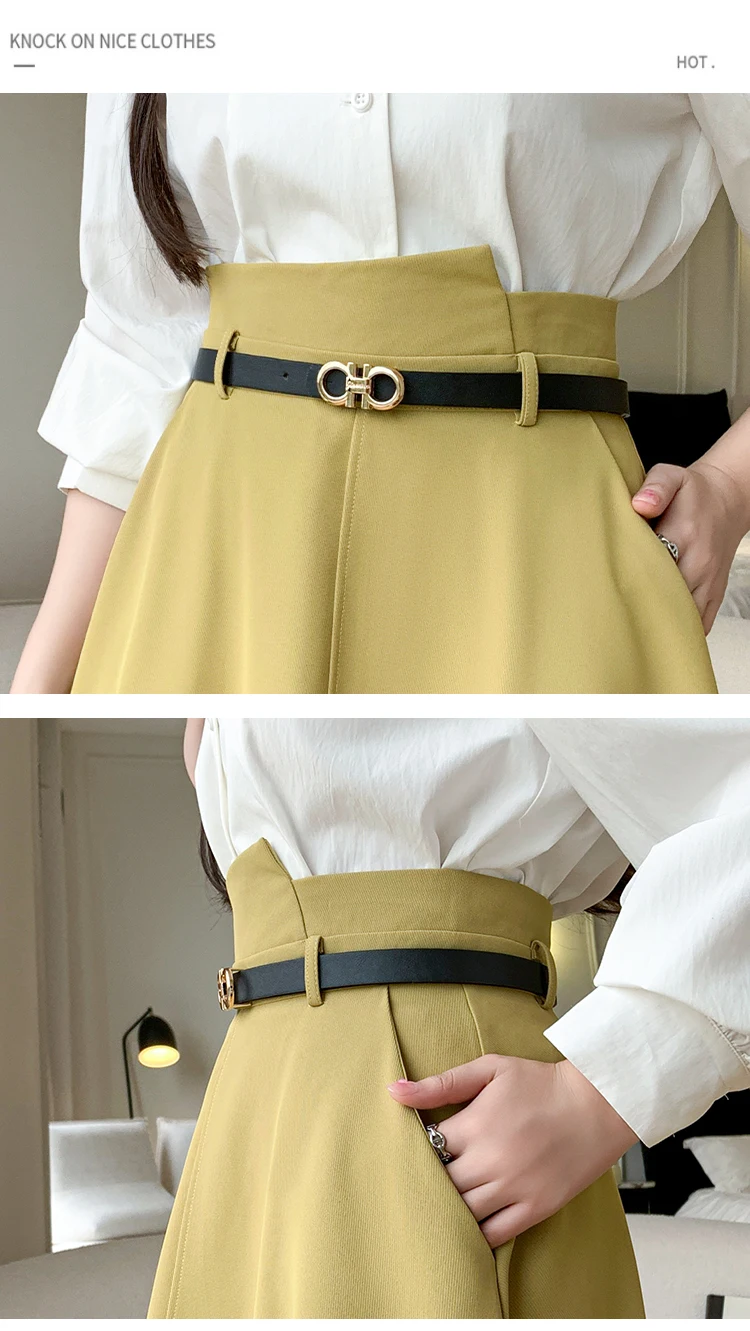 Spring Summer Woman A-Line Midi Skirt With Belt High Waist Office OL Loose Big Swing Long Skirts Lady