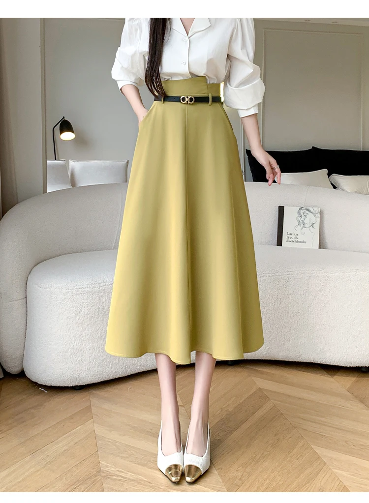 Spring Summer Woman A-Line Midi Skirt With Belt High Waist Office OL Loose Big Swing Long Skirts Lady
