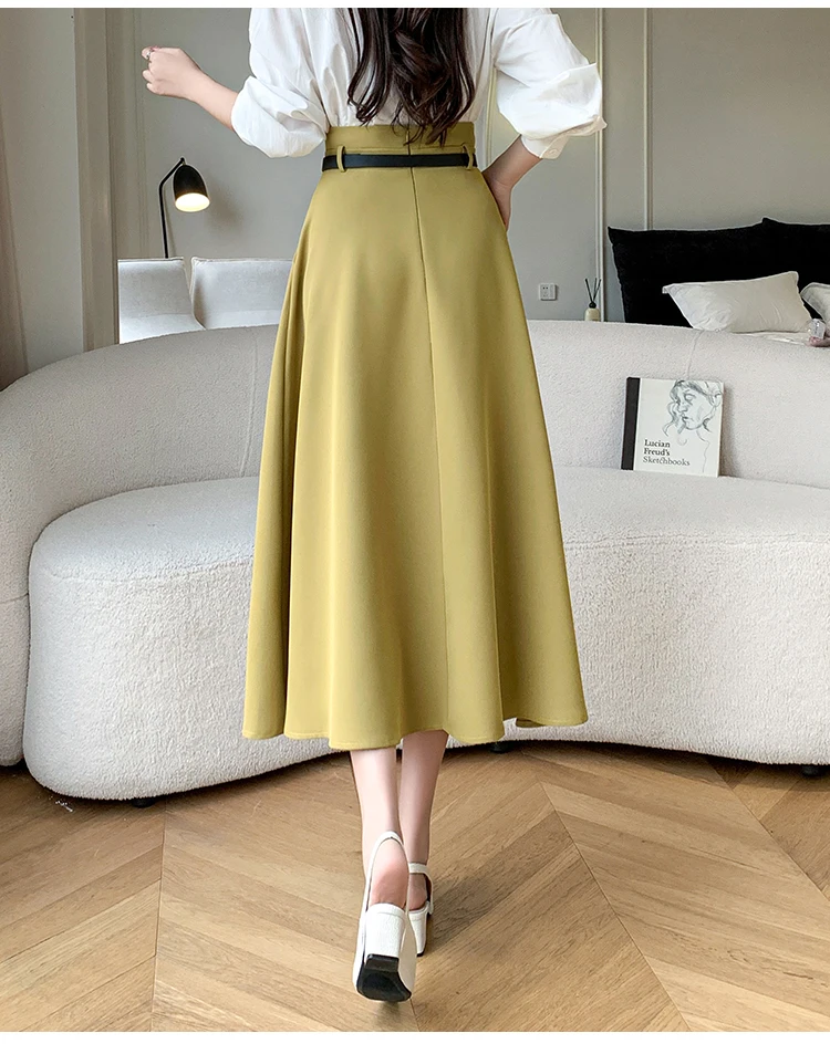 Spring Summer Woman A-Line Midi Skirt With Belt High Waist Office OL Loose Big Swing Long Skirts Lady