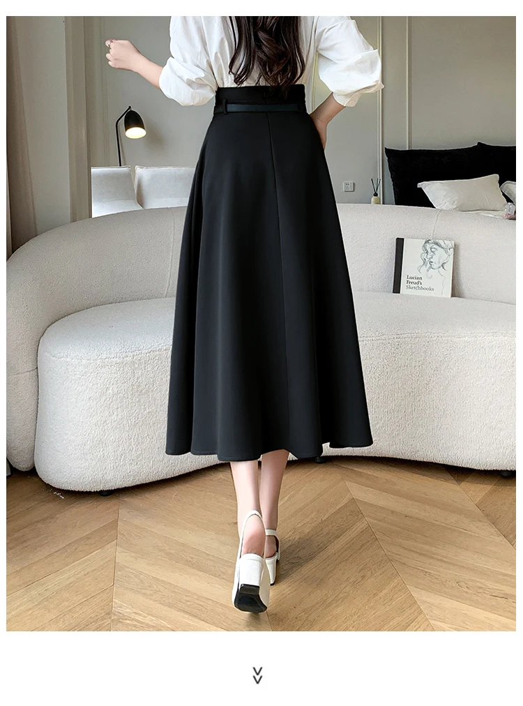 Spring Summer Woman A-Line Midi Skirt With Belt High Waist Office OL Loose Big Swing Long Skirts Lady