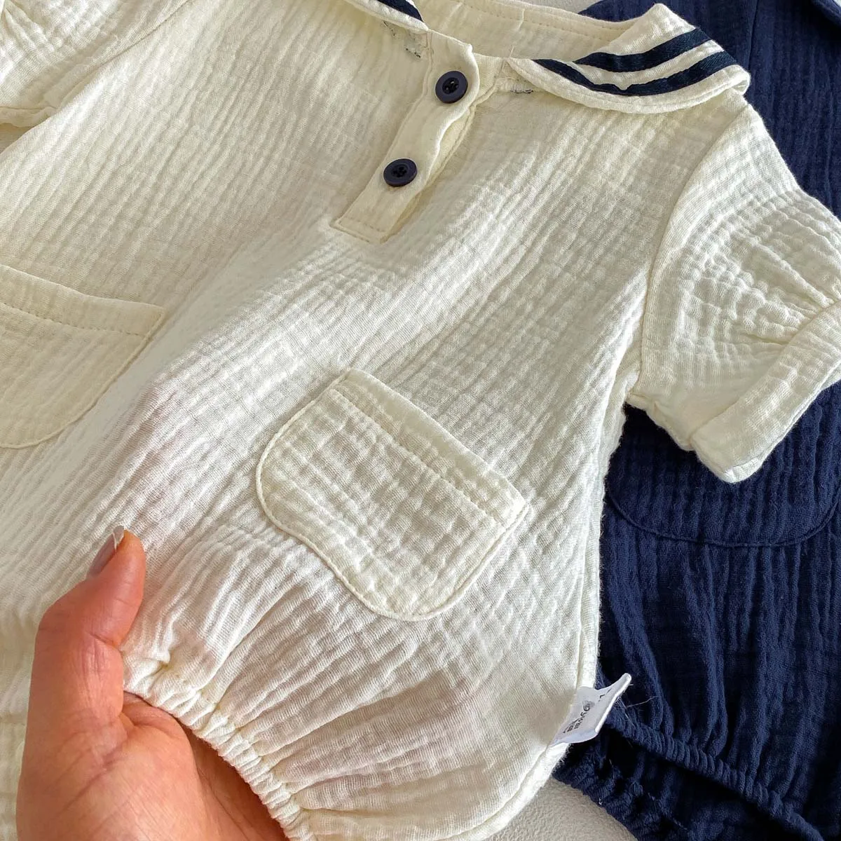 Summer Baby Boys and Girls Navy Collar Short-Sleeved Jumpsuit Newborn Fashion Large Lapel Jumpsuit for Going Out