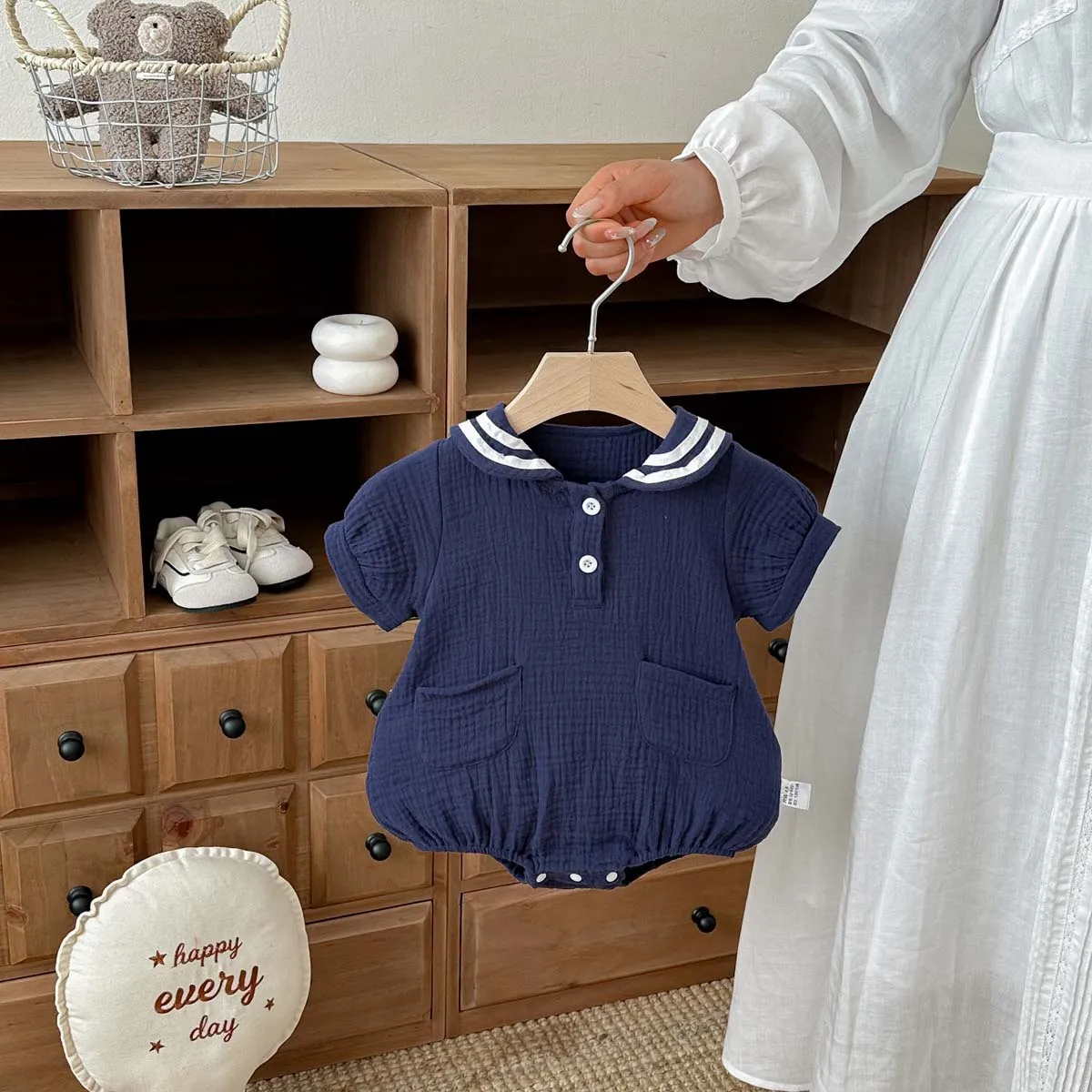 Summer Baby Boys and Girls Navy Collar Short-Sleeved Jumpsuit Newborn Fashion Large Lapel Jumpsuit for Going Out