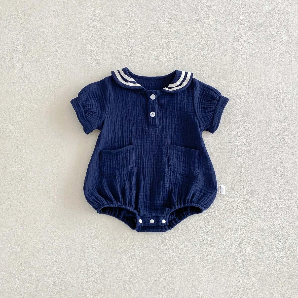 Summer Baby Boys and Girls Navy Collar Short-Sleeved Jumpsuit Newborn Fashion Large Lapel Jumpsuit for Going Out