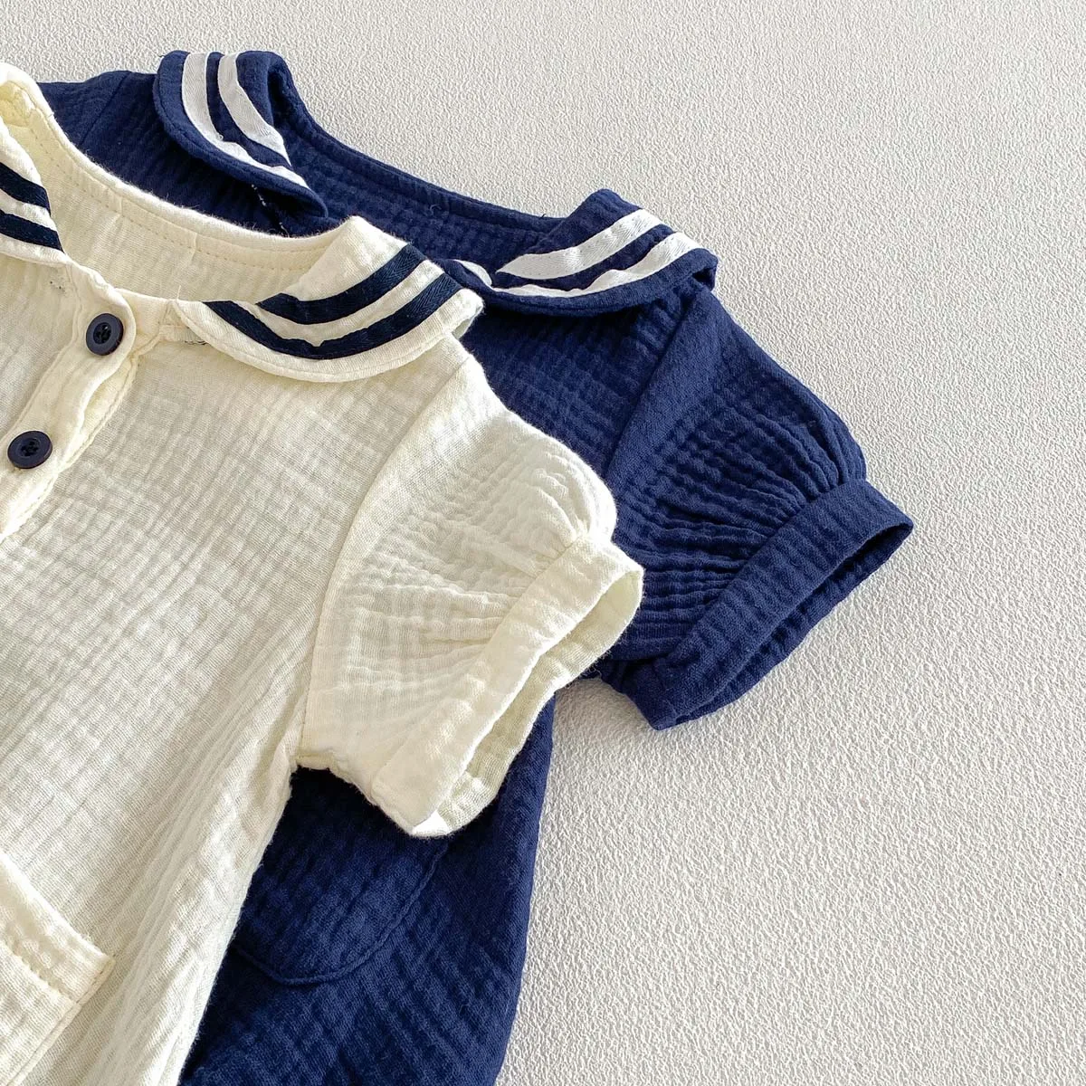 Summer Baby Boys and Girls Navy Collar Short-Sleeved Jumpsuit Newborn Fashion Large Lapel Jumpsuit for Going Out