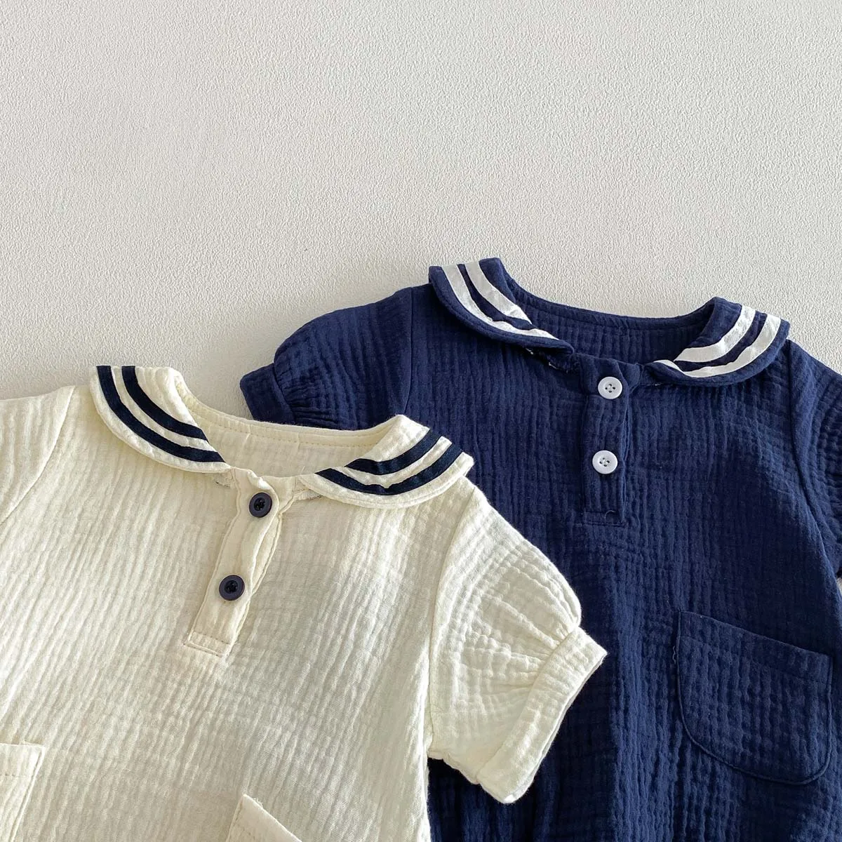 Summer Baby Boys and Girls Navy Collar Short-Sleeved Jumpsuit Newborn Fashion Large Lapel Jumpsuit for Going Out