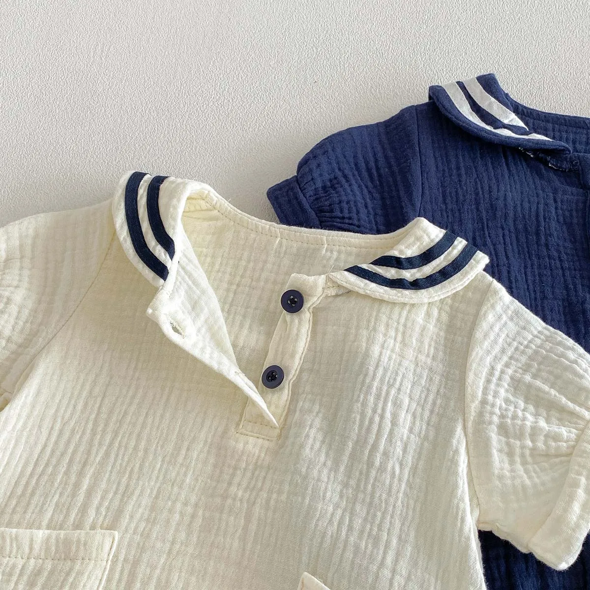 Summer Baby Boys and Girls Navy Collar Short-Sleeved Jumpsuit Newborn Fashion Large Lapel Jumpsuit for Going Out