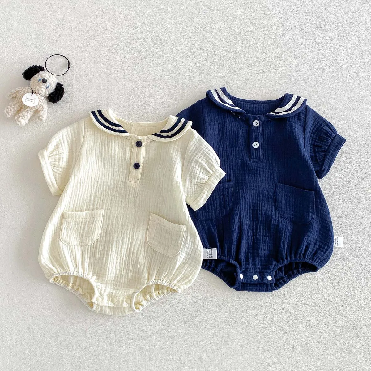 Summer Baby Boys and Girls Navy Collar Short-Sleeved Jumpsuit Newborn Fashion Large Lapel Jumpsuit for Going Out