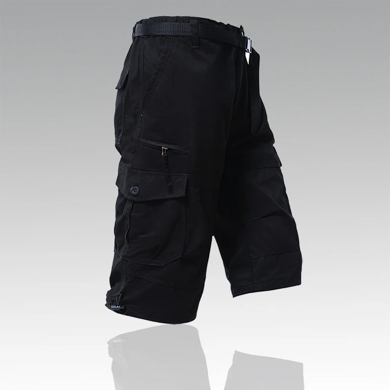Mens Cargo Shorts 100% Cotton Casual Running Shorts Elastic Waist Hiking Outdoor with a Belt