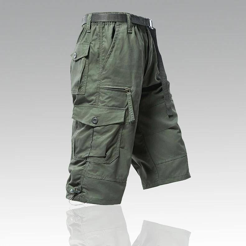 Mens Cargo Shorts 100% Cotton Casual Running Shorts Elastic Waist Hiking Outdoor with a Belt