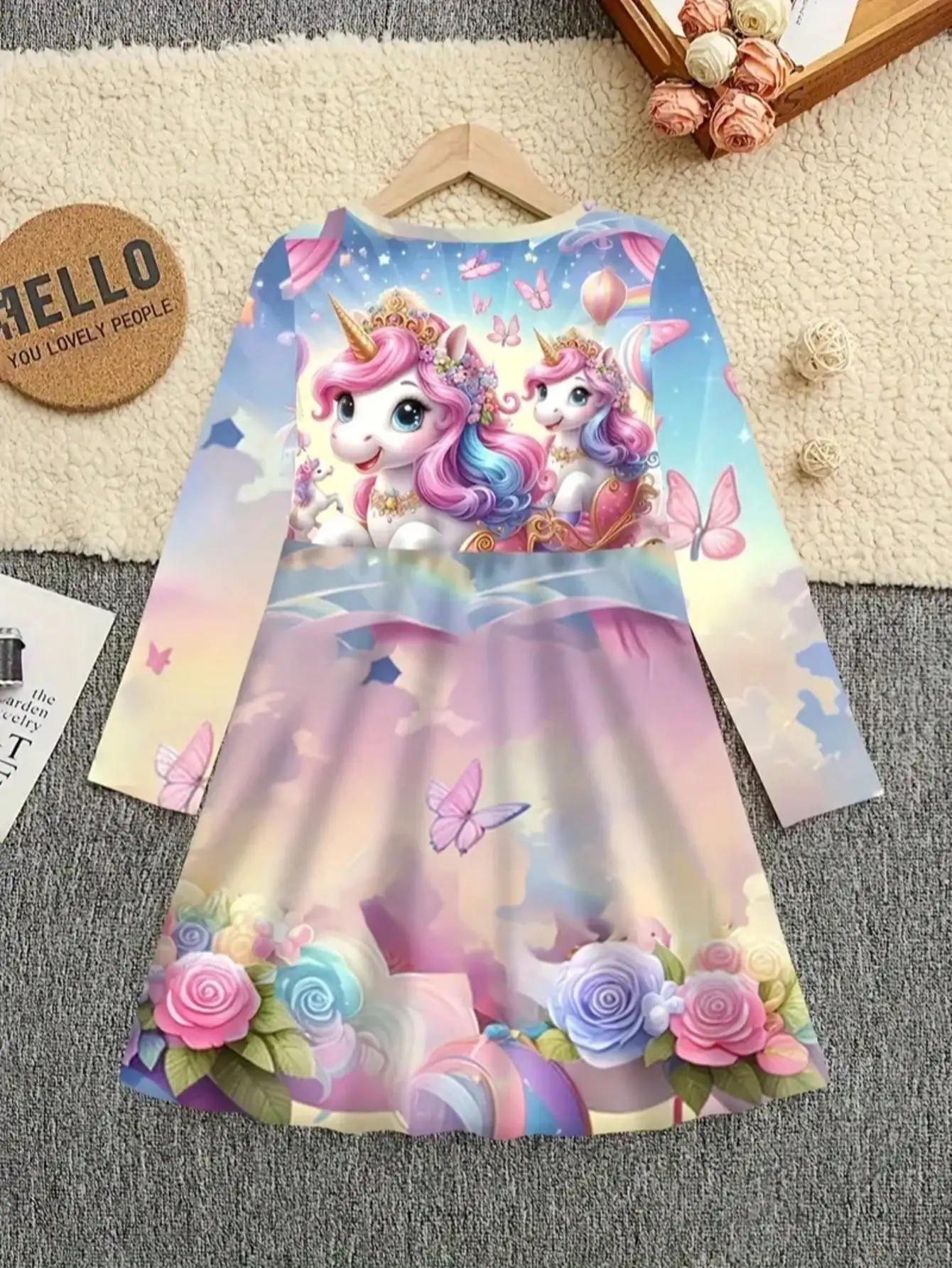 Girl's Unicorn Cartoon Dress, Short Sleeved, Summer Casual Round Neck, 3D Printed, Suitable for Teenage Girls' Princess Dress