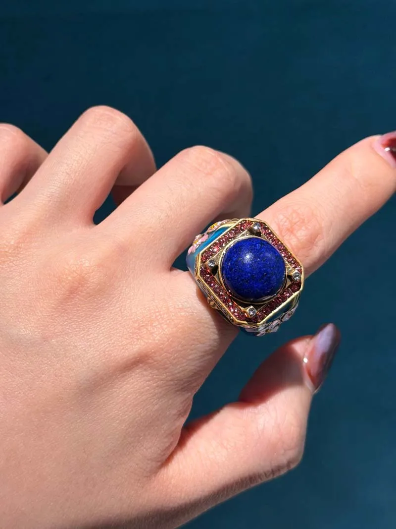 Women Vintage Square Red Blue Rhinestone Flower Rings Lapis Lazuli Gold Color High Quality Decoration Gifts For Mother's Day New