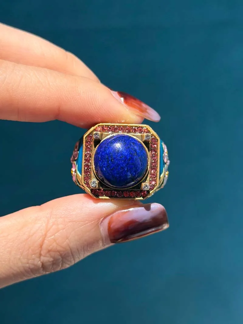 Women Vintage Square Red Blue Rhinestone Flower Rings Lapis Lazuli Gold Color High Quality Decoration Gifts For Mother's Day New