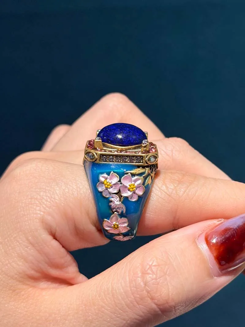 Women Vintage Square Red Blue Rhinestone Flower Rings Lapis Lazuli Gold Color High Quality Decoration Gifts For Mother's Day New